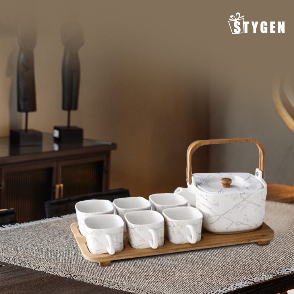 Ceramic Tea Set With Beautiful Wooden Tray